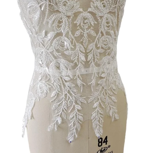 OFF WHITE Abito da sposa 65*48 cm paillettes perline pizzo petto fiori 3D applique colletto pizzo