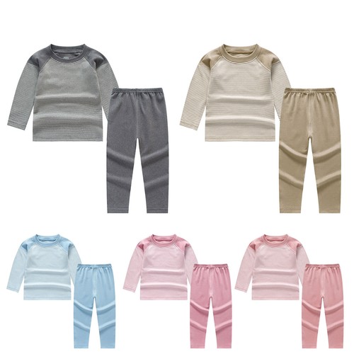 Kids Girls Boys Tops With Pants 2 Pieces Sleepwear Striped T-shirt Winter Warm - Picture 2 of 43