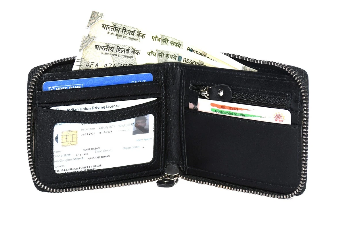 Round Zip Wallet Genuine Hunter Leather Bi-fold Men's Wallet with RFID Blocking