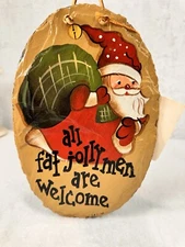 Hand Painted Artist Signed Christmas Santa Claus On Oval Slate Holiday Decor