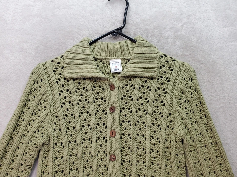 Old Navy Cardigan Sweater Girls Medium Green Crochet Long Sleeve Button Front - Image 3 of 4