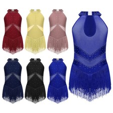 Girls Rhinestone Tassel Latin Ballet Dance Leotard Figure Ice Skating Dress