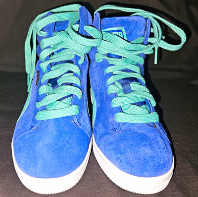 PUMA Hidden Wedge Inside. Women's Suede Mid Top Lace Up Sneakers Blue/Green