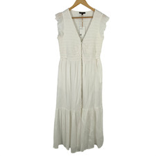 Quince Women Organic Textured Cotton Smocked V-neck Midi Dress White S