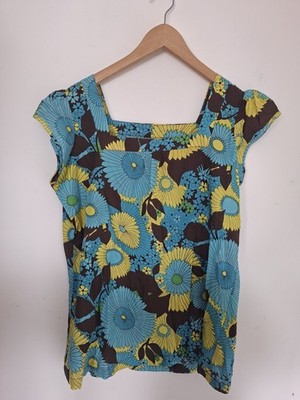 Vintage Bluse mit eckigem Ausschnitt Funky 70er Retro Blumenmuster Baumwolle UK.16