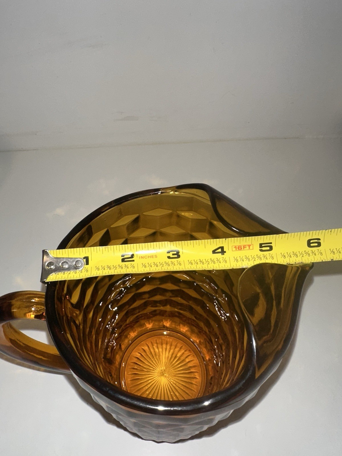 Vintage Heavy Amber Glass Pitcher 48 Oz Whitehall Cubist Pattern MidCentury