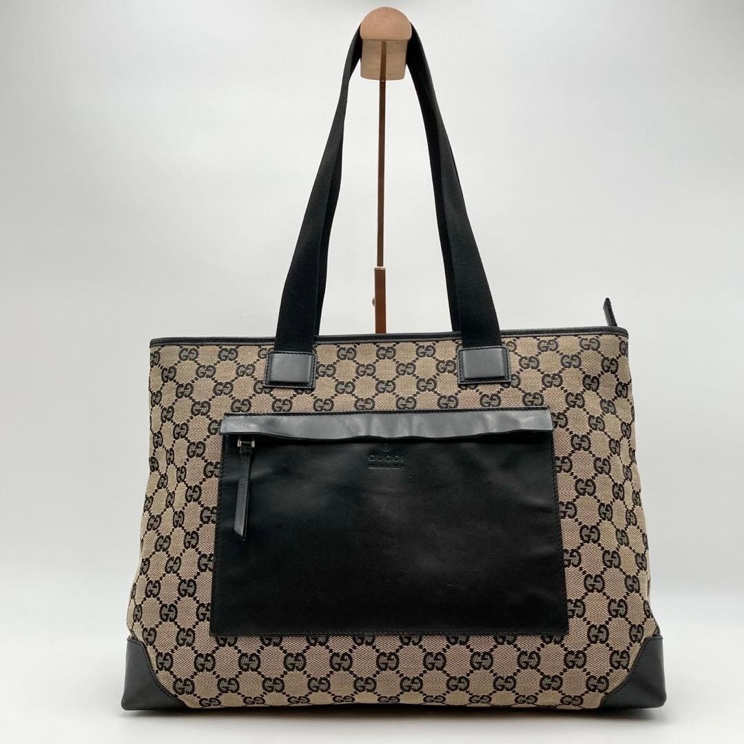 GUCCI GG Canvas Leather Tote Bag Beige Black Large Authentic Women's thumbnail 2
