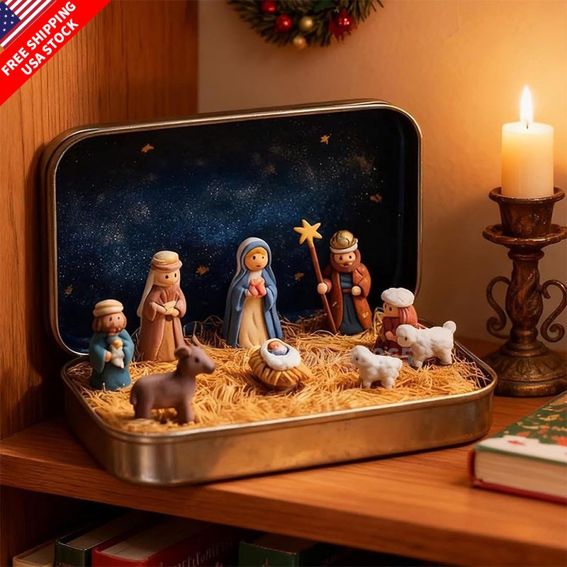 Pocket Nativity Set in Tin Box, Handcrafted Resin Holy Family Figurines