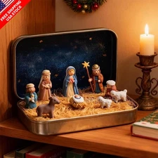Pocket Nativity Set in Tin Box, Handcrafted Resin Holy Family Figurines