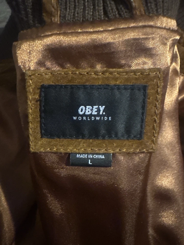 Men’s Obey Brown Leather Suede Jacket Size Large - Image 3 of 4
