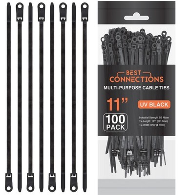 100 Pcs 11'' Inch Black Screw Down Hole Cable Zip Tie Car House Audio