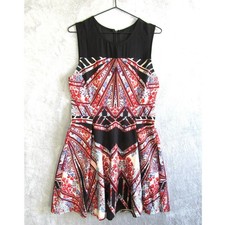 Black Sheer Panel Geometric Print Fit Flare Dress Women sz L Work Office Party