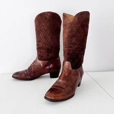Salvatore Ferragamo Tall Boots Brown Quilted Suede Leather Italian Vintage 7M