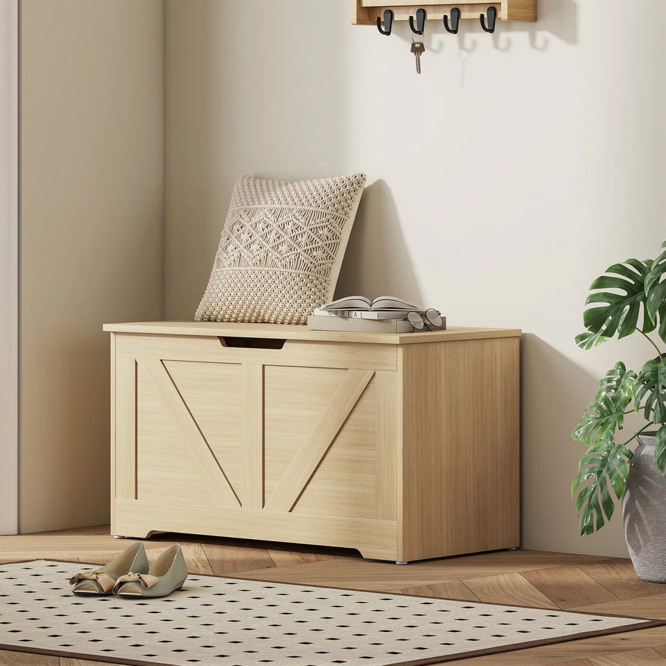 HOMCOM Storage Trunk with 2 Safety Hinges, 80cm, Natural Wood Finish - Image 2 of 4