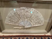Antique Victorian Lace Handmade Bride  s Fan Framed In German Silver Wood
