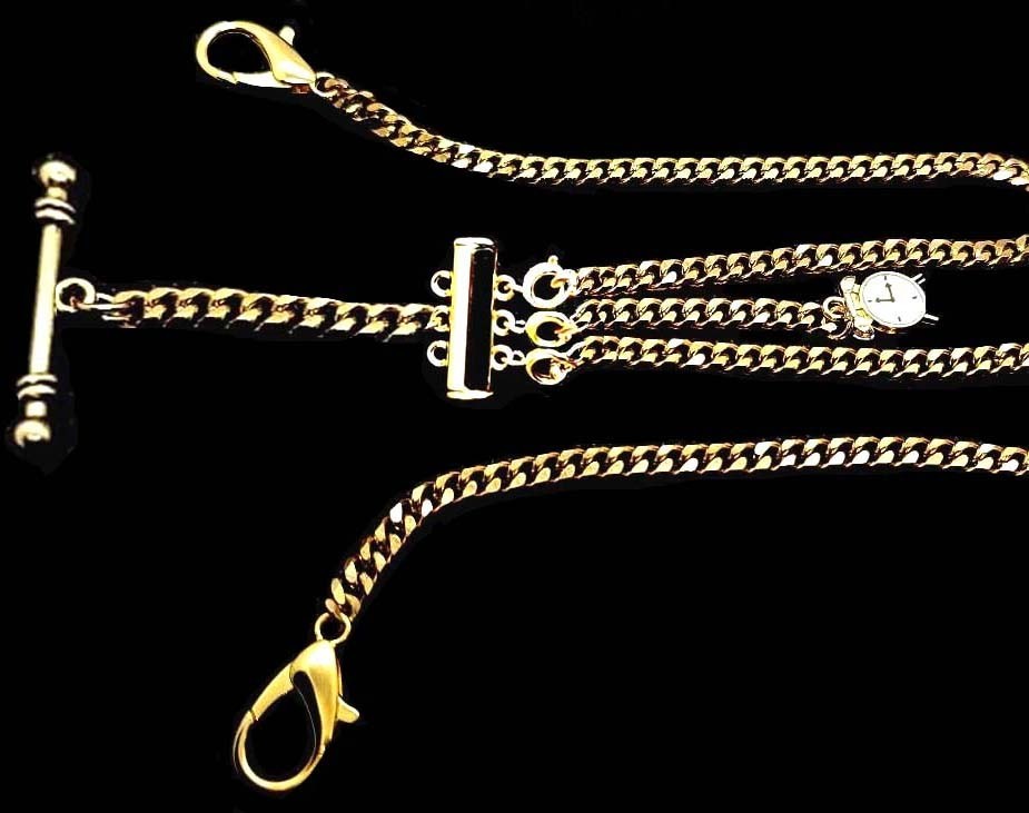 Gold Plated Strong Pocket Watch ALBERT Double Chain With Ornate Cross Fob.