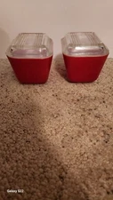 2 Excellent Red Pyrex #0501 Square Refrigerator Dishes With Lids!