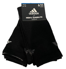 New 6 Pair adidas Mens Athletic Superlite Aeroready Crew Socks Size: 6-12 Black