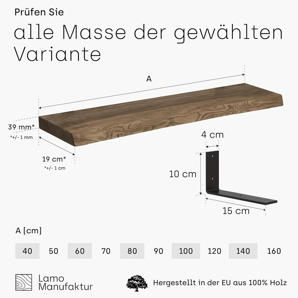 LAMO® Mensola Da Parete In Legno Massello Libreria Mensola Portaoggetti Scaffale - Immagine 2 di 4
