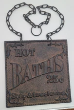 Cast Iron Hot Baths 25 Cents Bath Sign - Rustic Brown Bathroom Wall Hanging - 6"