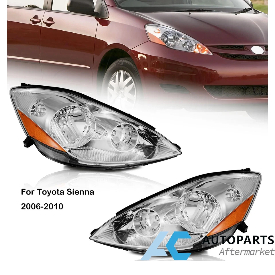For 2006-2010 Toyota Sienna Headlights Headlamp Assembly Pair Chrome Amber - Image 2 of 4