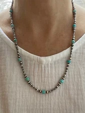 Real Genuine 6mm Kingman Arizona Turquoise & Silver Navajo Pearl Beaded Necklace
