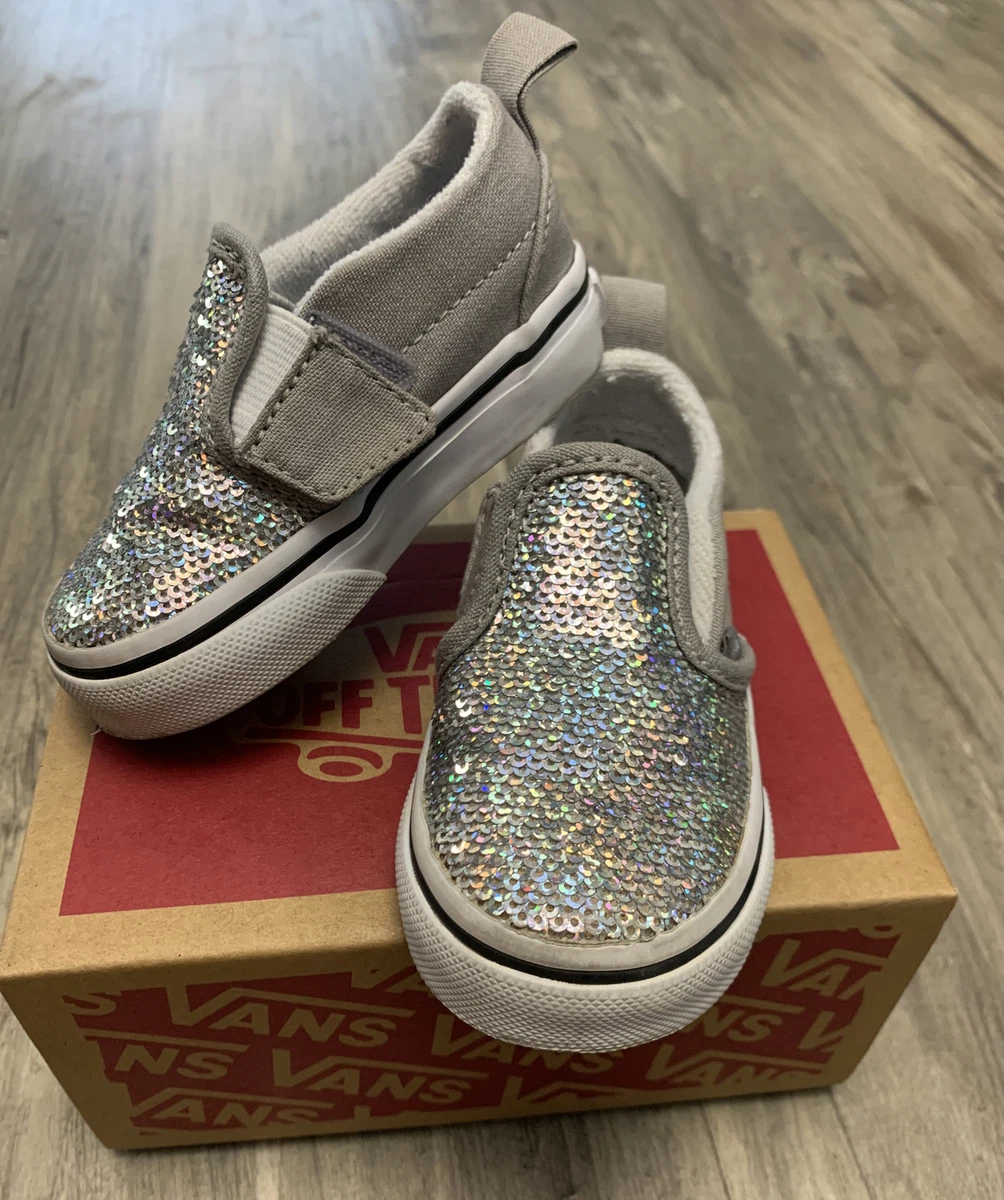 Wijde selectie aansporing Derbevilletest Vans Off The Wall Slip on shoes Size 4 Toddler Silver Glitter Sequins | eBay