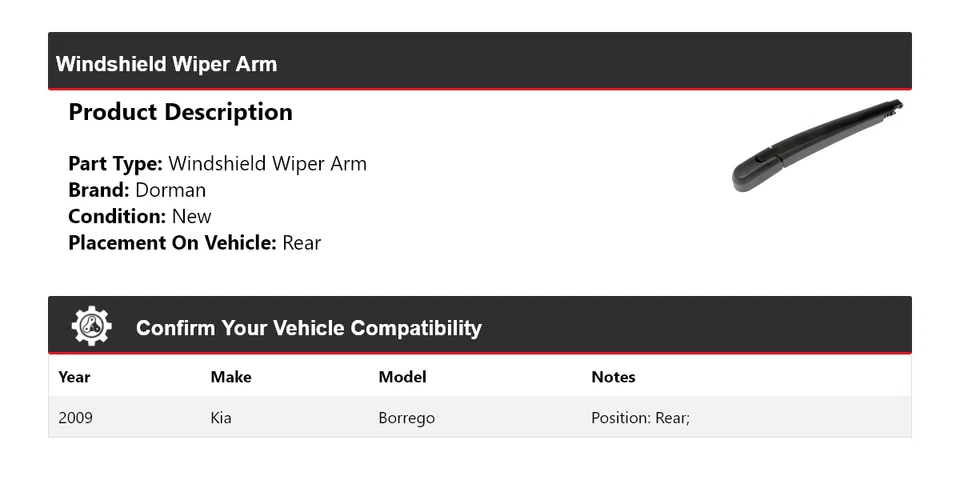 For 2009 Kia Borrego Dorman Windshield Wiper Arm Rear - Image 2 of 4