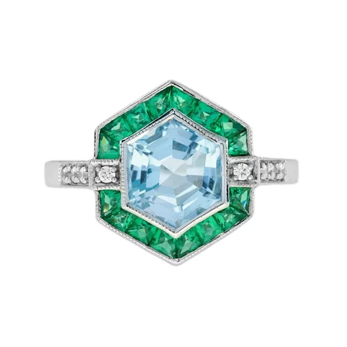 4Ct Art Deco Vintage Aquamarine & Emerald Hexagon 14K White Gold FN Wedding Ring