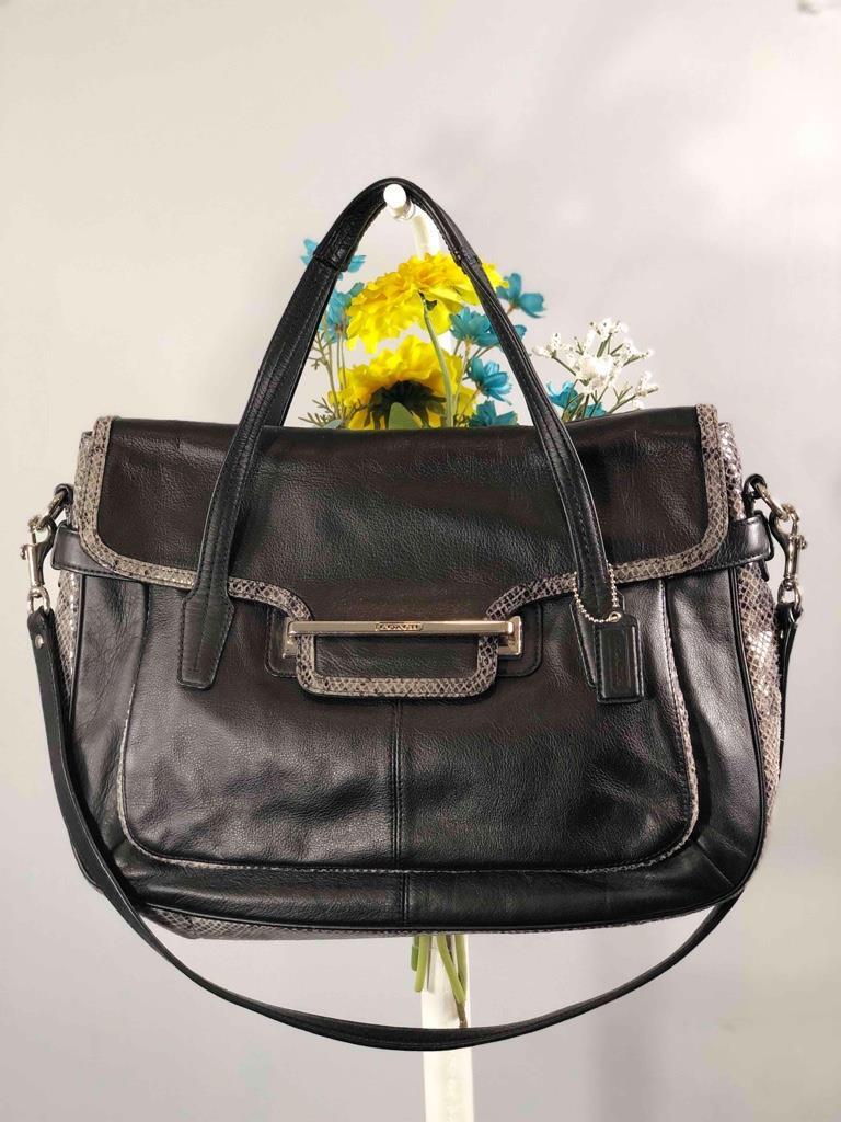COACH Taylor Marin Black Leather Snakeskin Satchel Bag  Coach Taylor Marin Flap Bag Black Leather Snakeskin Trim Satchel F23301 | EUC main image 0