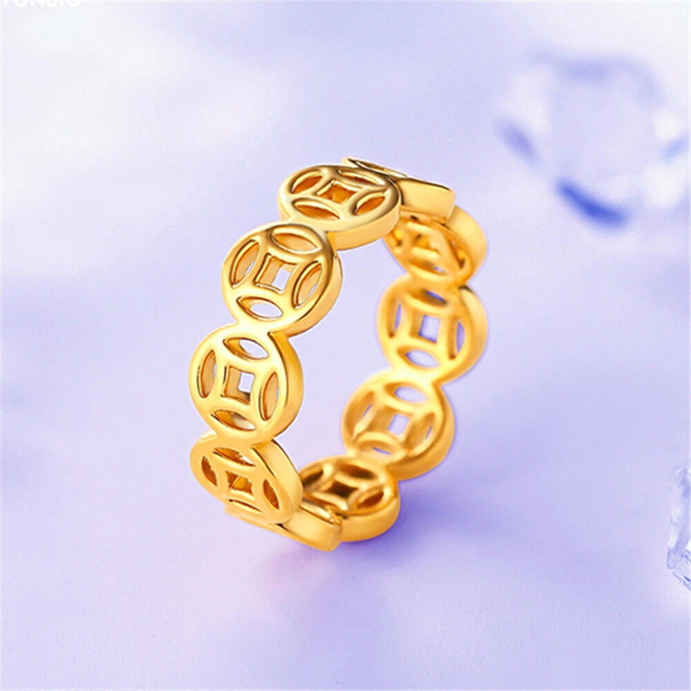 999 Pure 24K Yellow Gold Ring For Women Lucky Coin Band Ring US
