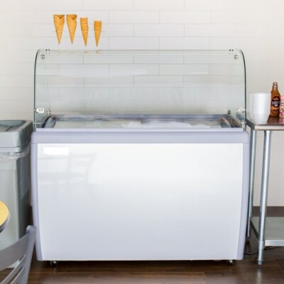 SELECT 71'' CURVED GLASS ICE CREAM DIPPING CABINET 12 FACING TEMP 0ºF TO -15ºF