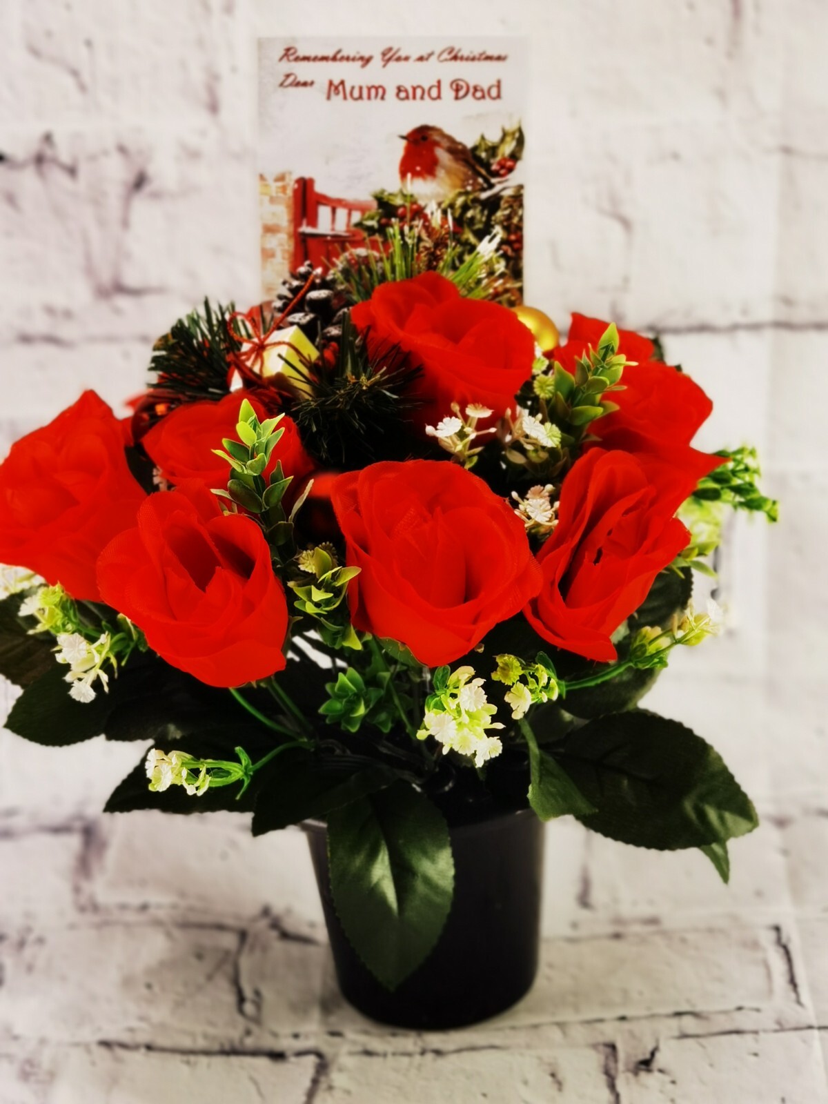Xmas Grave Pot Artificial Flowers WITH REMEMBRANCE CARD included for