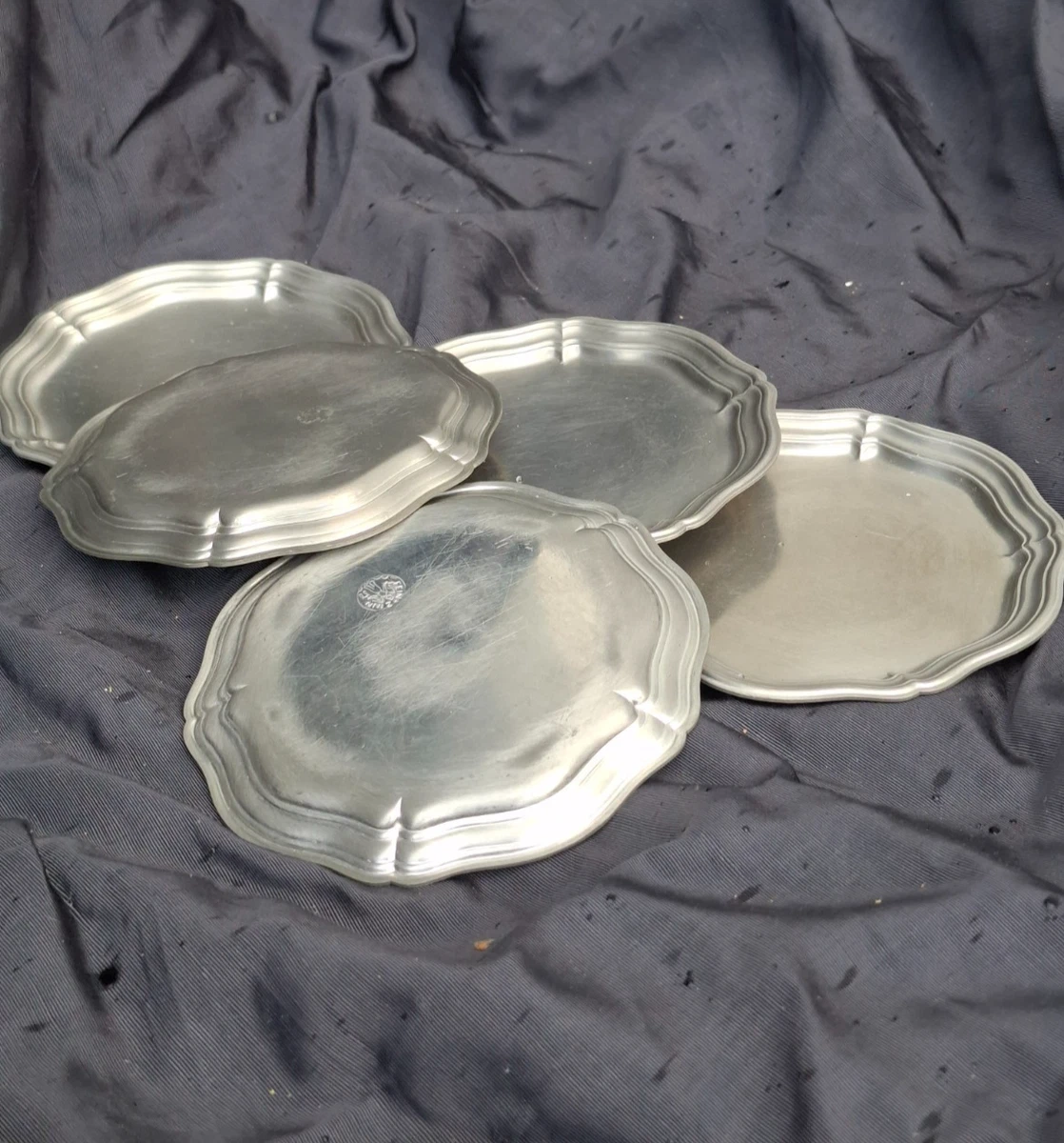 5 Rein Zinn Untersetzet Teller 10 cm Vintage Set Chippendale Rand edel