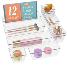 12 PCS Clear Plastic Drawer Organizer Set, 4 Sizes Makeup organizer, Vanity O...