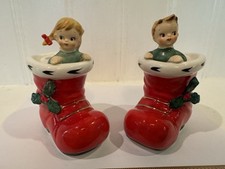 Vintage Lefton Christmas Ceramic Kids In A Santa Boot Candle Holders