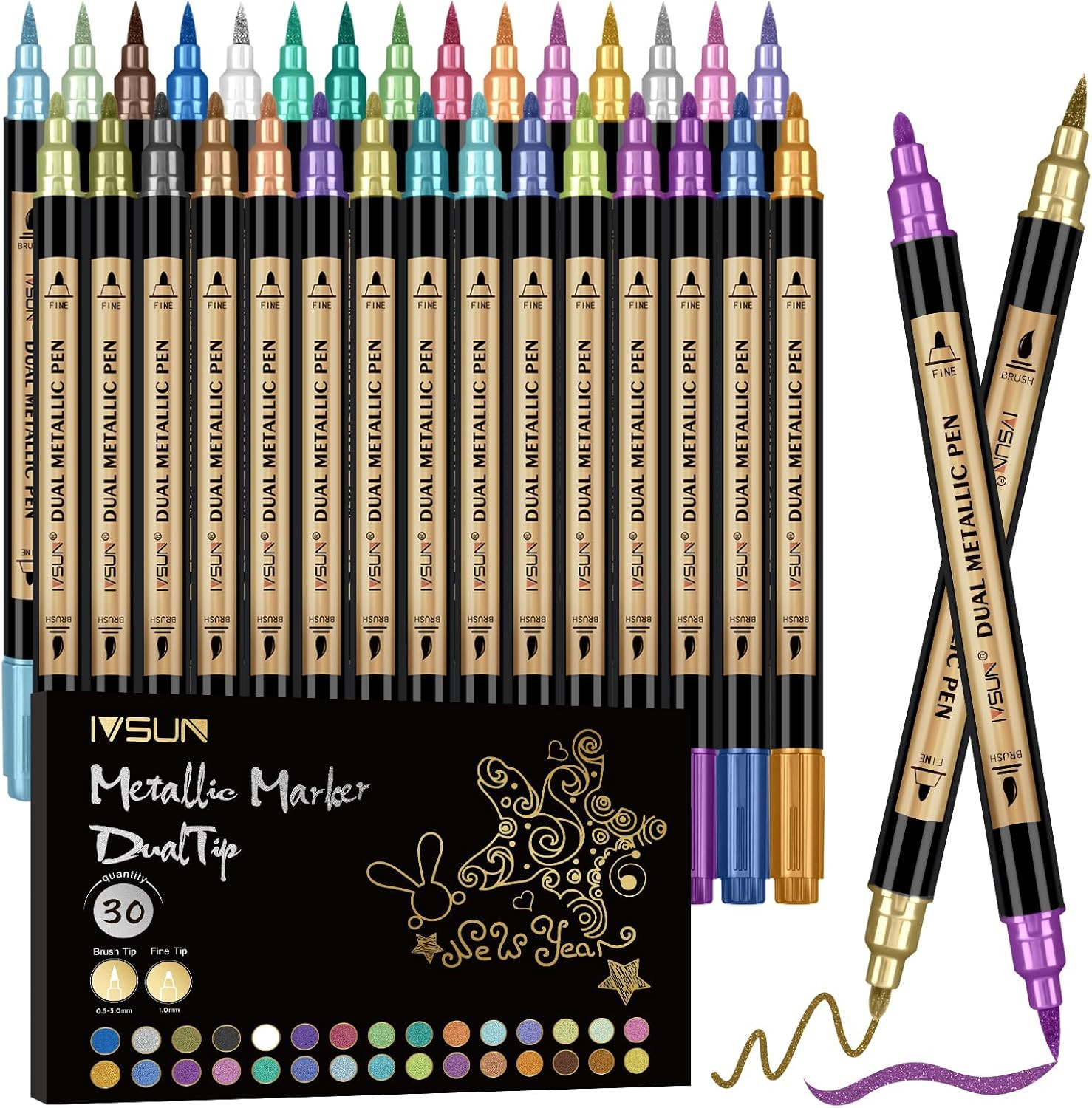 Metallic Marker Pens, 30 Colors Dual Tip Acrylic Paint Pens 