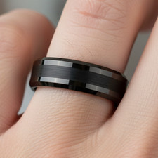 6mm Black Tungsten Wedding Band with Brushed Center Polished Beveled Edge Ring