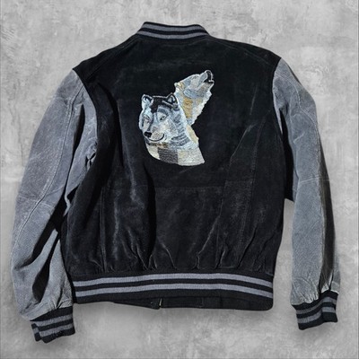 VTG/90s WOLF Leather Bomber Jacket Mens S/M Biker Moto Full Zip