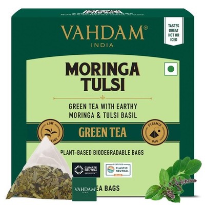 Tulsi Moringa Green Tea Bags (15 Count) Low Caffeine, Non GMO & Gluten Free | Na
