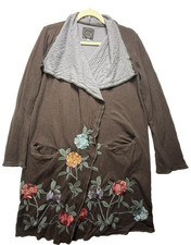 Biya Johnny Was Open Duster Cardigan Sweater Brown Floral Embroidered Roses Sz M