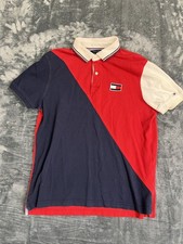 Tommy Hilfiger Mens Custom Fit Polo Shirt Red/Navy/Cream Diagonal Design Large