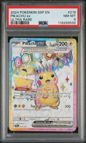 2024 POKEMON SSP EN-SURGING SPARKS ULTRA RARE #219 PIKACHU EX PSA 8