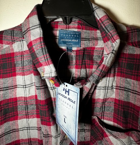 Jackson Hole camicia uomo grande rosso/grigio plaid flanella manica lunga abbottonata NUOVA - Foto 3 di 5