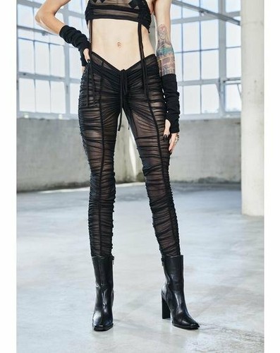 Black Fringe Sheer Leggings Women's Sexy Club-wear Yoga Fitted Bodycon S M L - Picture 8 of 10