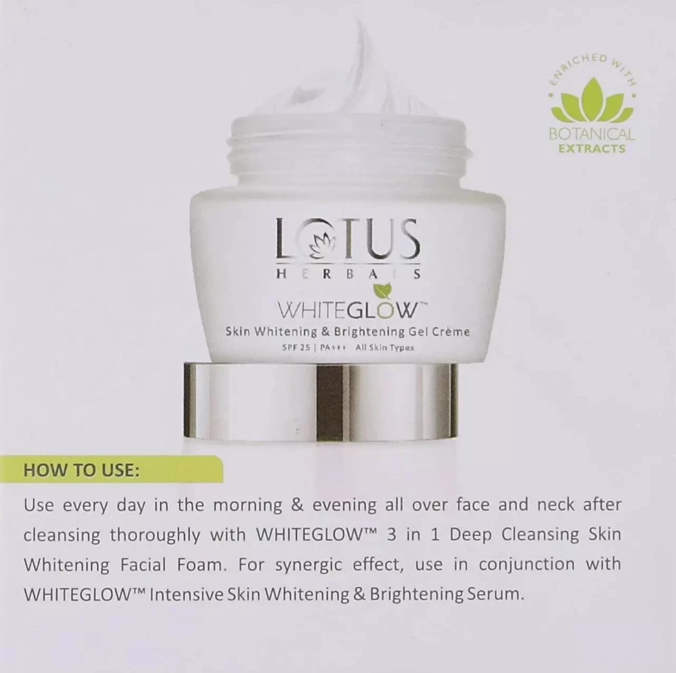 LOTUS HERBAL WHITE GLOW SKIN WHITENING & BRIGHTENING GEL CREAM SPF 25 PA++ 60gm Foto 4 de 4