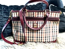 DAKS Shoulder Purse Leather Canvas Checker Plaid Handbag Bag Gold Hardware Strap