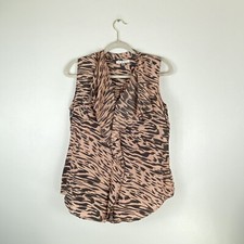 Cabi Womens Medium Silk Just So Zebra V Neck Ruffle Blouse Top Sleeveless Pink