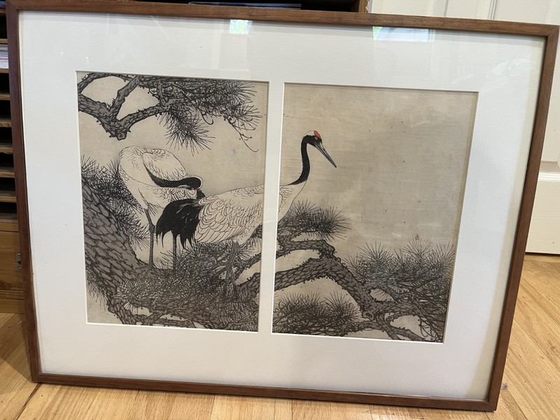 KEINEN "OLD PINE TREE AND CRANES" ORIGINAL WOODBLOCK PRINT