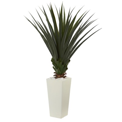 Spiky Agave Artificial Plant In White Tower Planter Nearly Natural 5' Home Decor